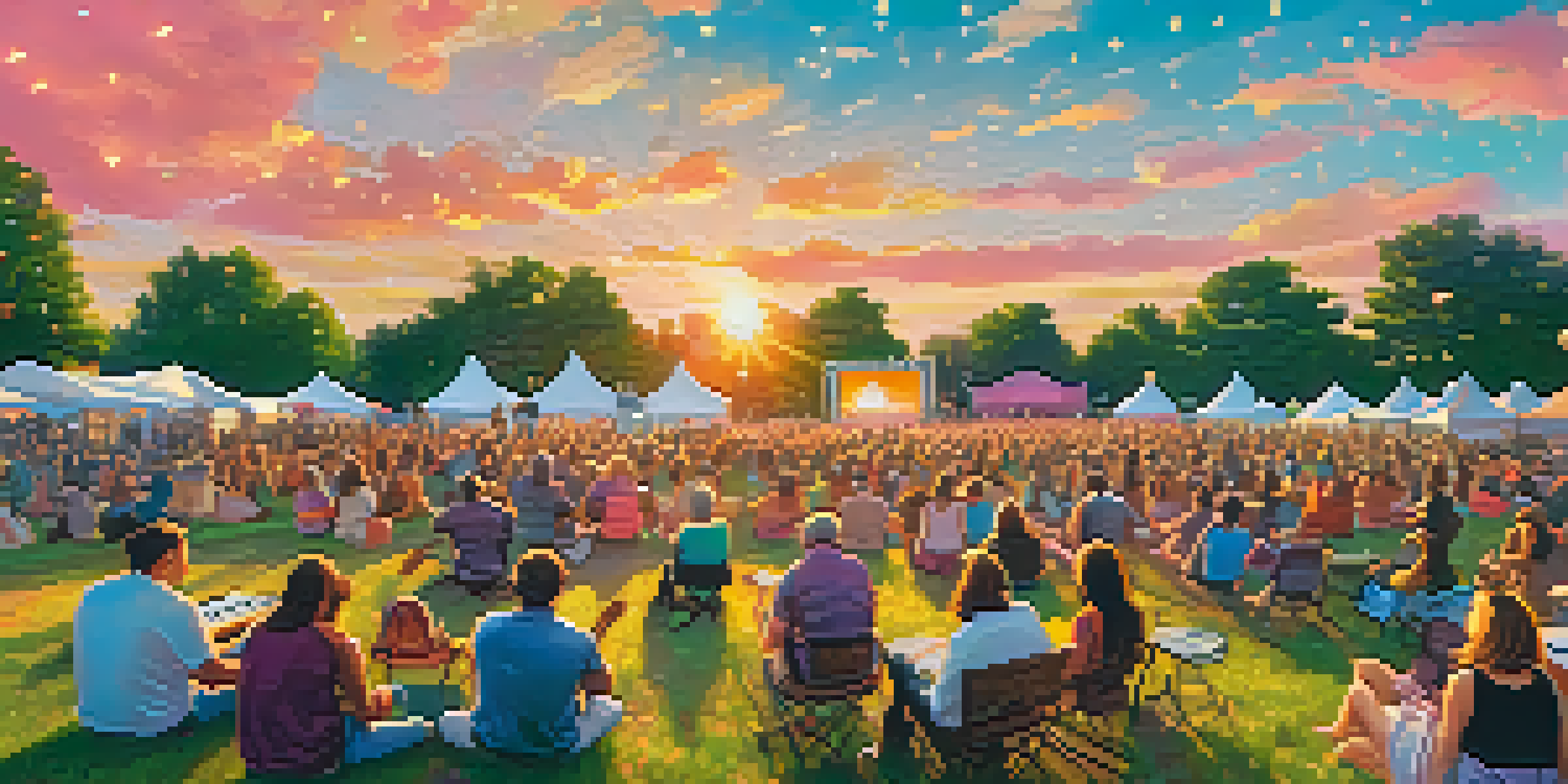 A lively outdoor guitar festival at sunset with a diverse crowd, musicians on stage, and colorful banners.