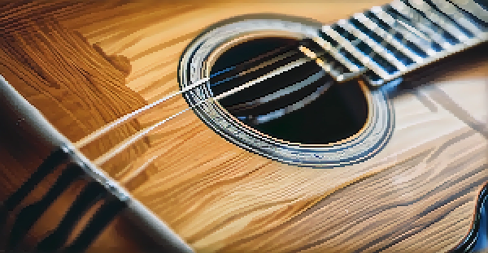 A close-up view of an acoustic guitar on a wooden table, highlighting its shiny strings and intricate wood grain.