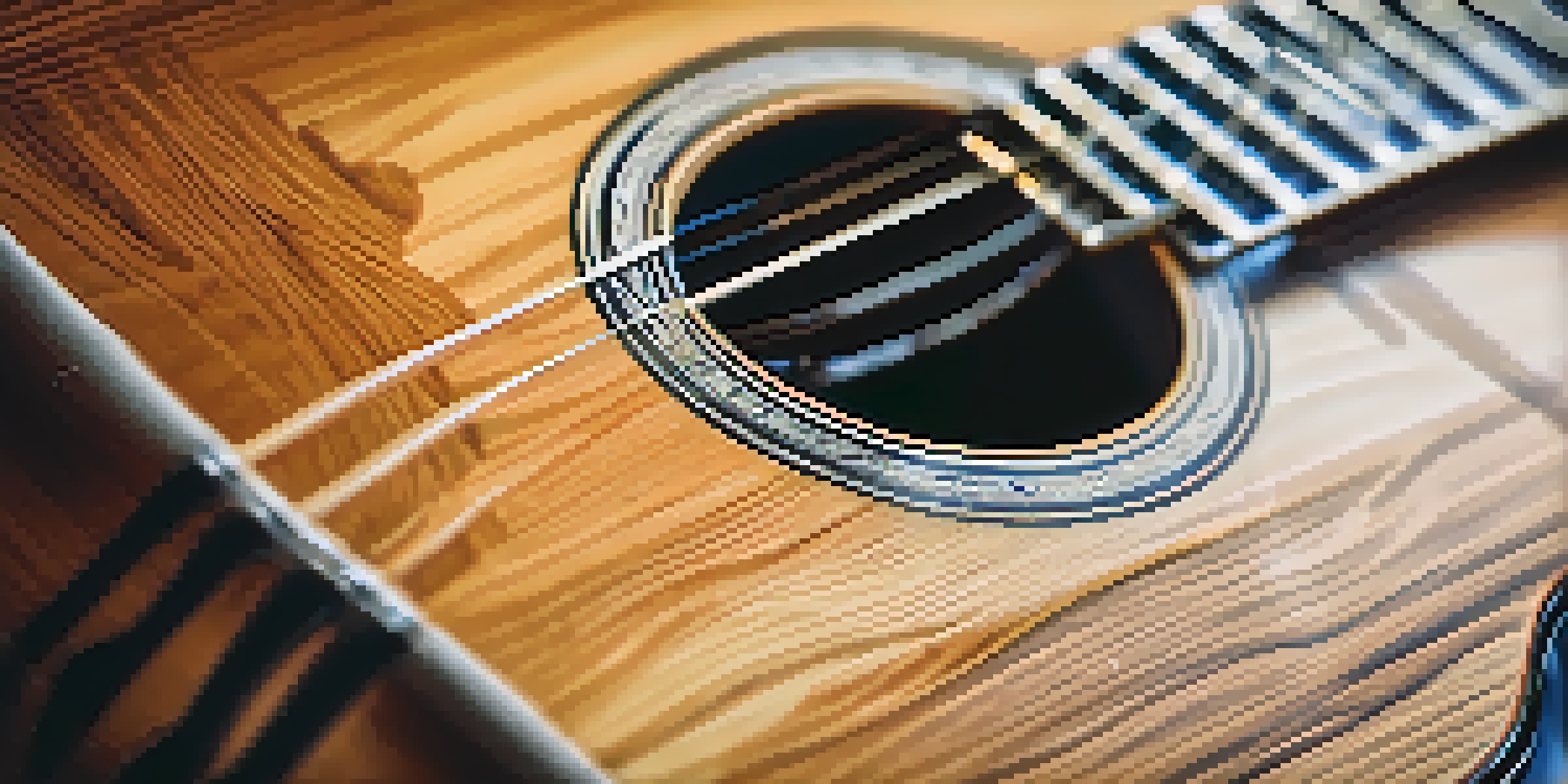 A close-up view of an acoustic guitar on a wooden table, highlighting its shiny strings and intricate wood grain.