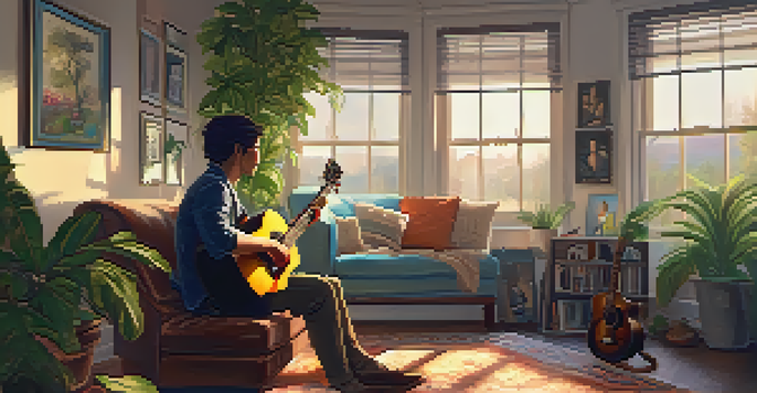 A musician sitting in a cozy room, strumming a guitar in warm natural light, with artwork and plants around them.