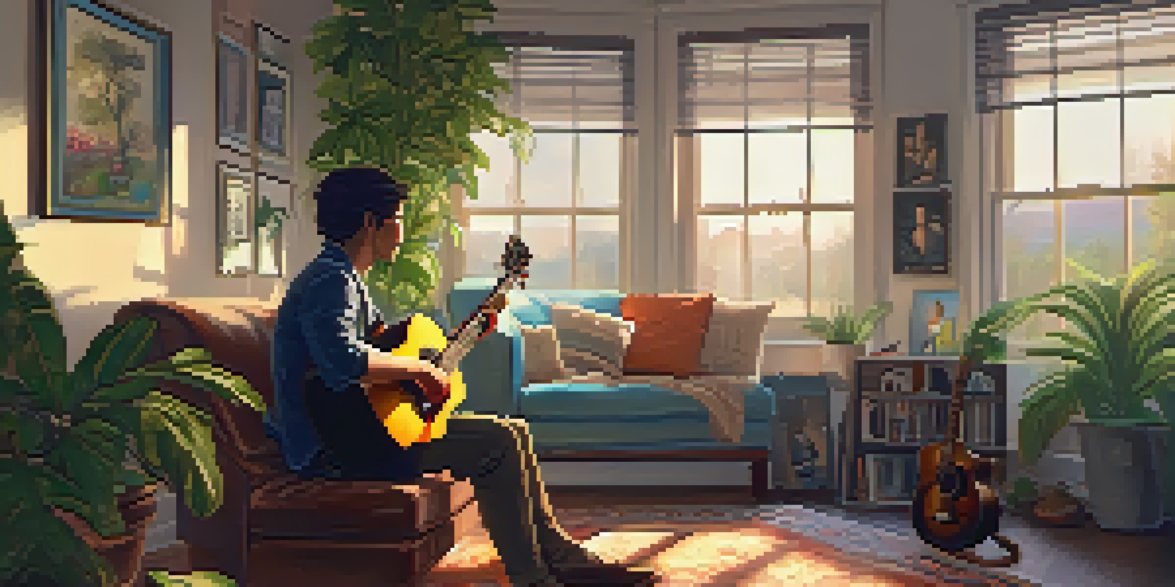 A musician sitting in a cozy room, strumming a guitar in warm natural light, with artwork and plants around them.