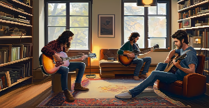 Two guitarists in a cozy home studio, one playing electric and the other acoustic, surrounded by music books and a recording setup.