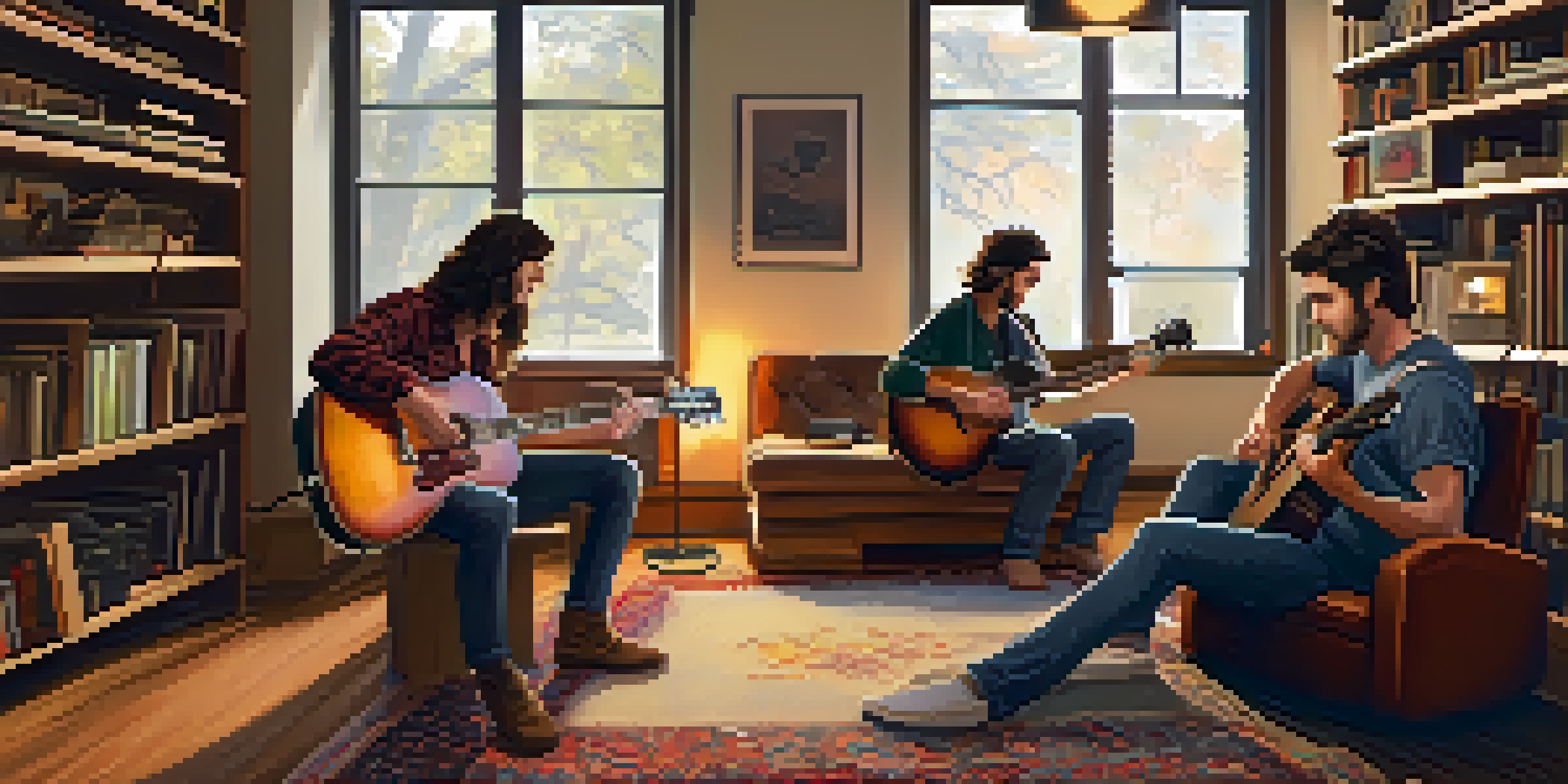 Two guitarists in a cozy home studio, one playing electric and the other acoustic, surrounded by music books and a recording setup.