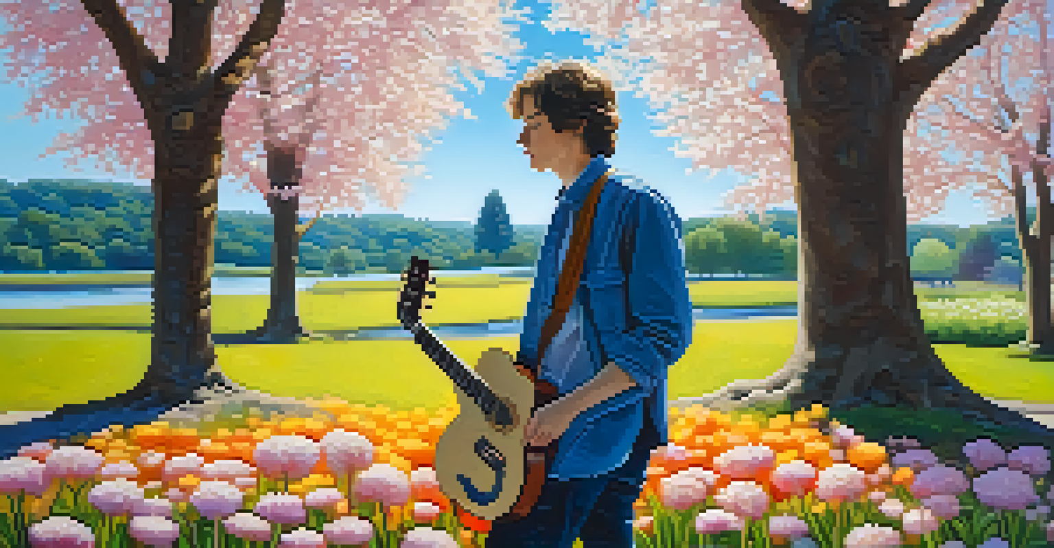 A musician in a park with a soft guitar gig bag over their shoulder, surrounded by blooming trees and a clear sky.