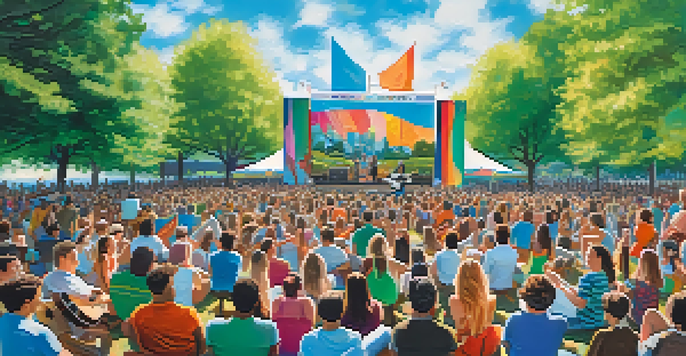 A lively outdoor performance with a musician on stage and a diverse crowd of engaged audience members in a park setting.