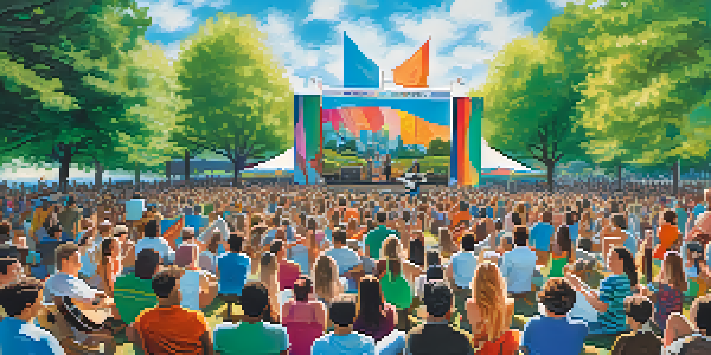 A lively outdoor performance with a musician on stage and a diverse crowd of engaged audience members in a park setting.