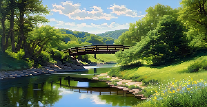 A peaceful view of a winding river with a wooden bridge and vibrant wildflowers in a green landscape.