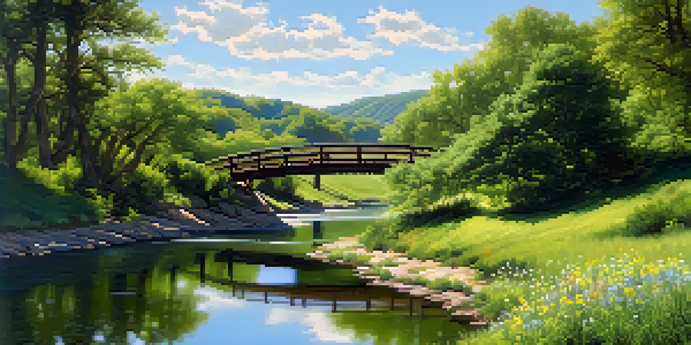 A peaceful view of a winding river with a wooden bridge and vibrant wildflowers in a green landscape.