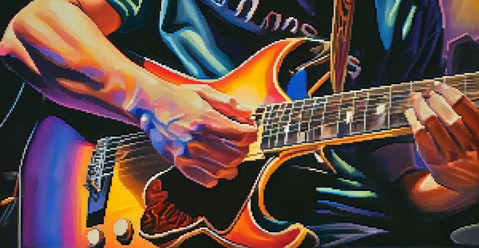 A guitarist's hands demonstrating slapping and popping techniques on an acoustic guitar, with a blurred vibrant jam session in the background.