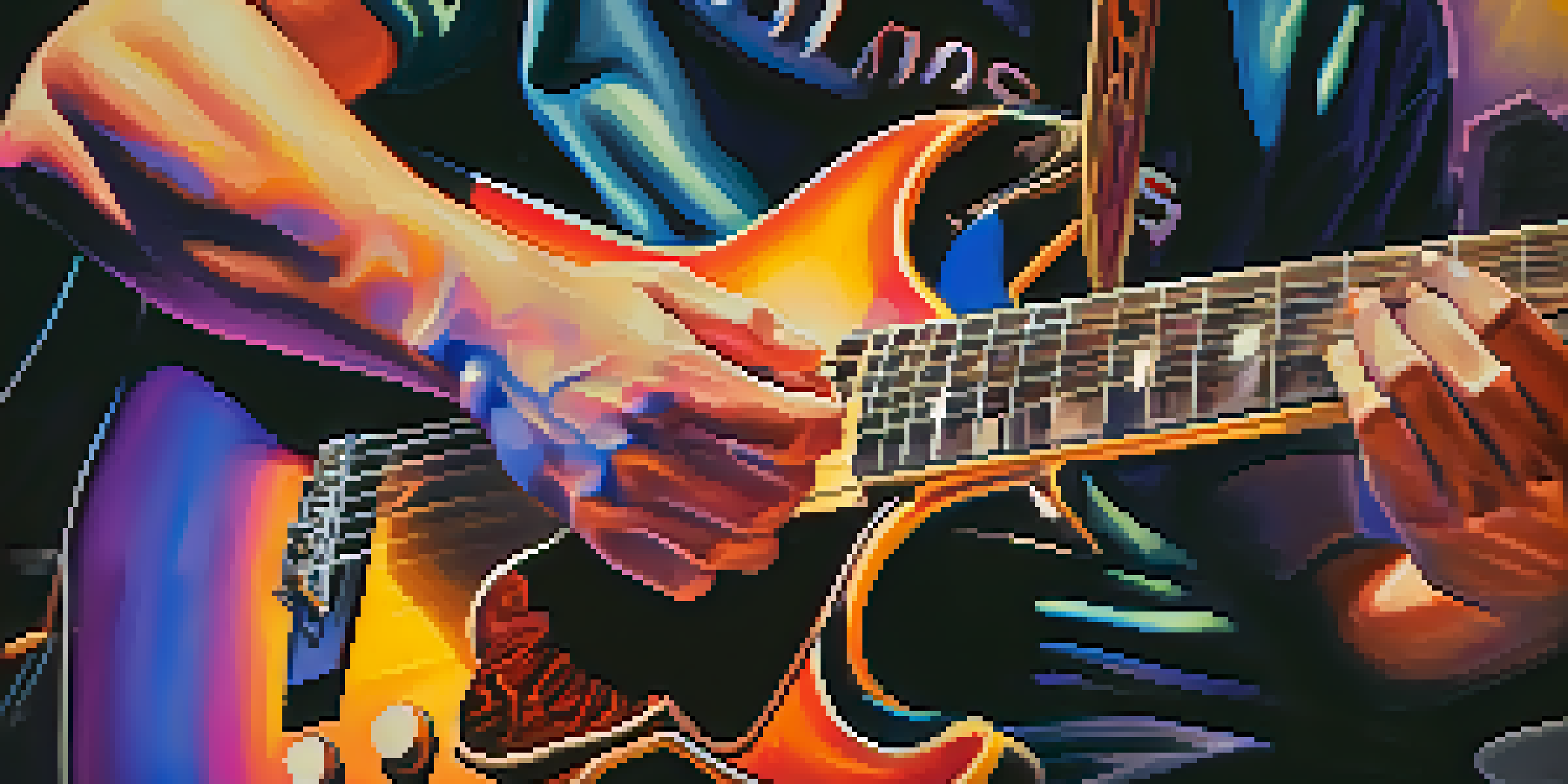 A guitarist's hands demonstrating slapping and popping techniques on an acoustic guitar, with a blurred vibrant jam session in the background.