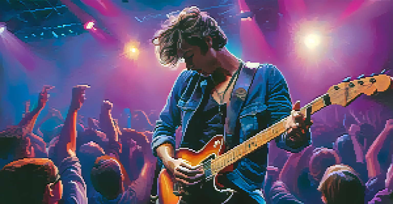 A dynamic rock concert scene featuring a guitarist performing on stage with colorful lights and an enthusiastic crowd.