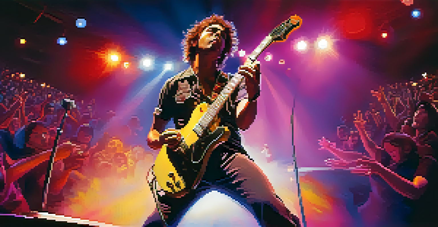 A guitarist performing on stage with colorful lights and a cheering crowd.