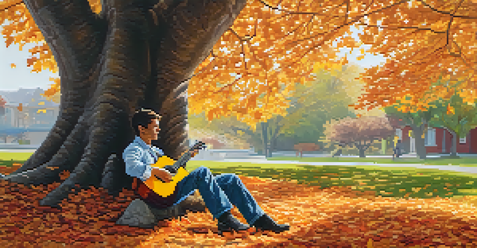 A guitarist playing under a tree with falling autumn leaves in a serene outdoor setting.