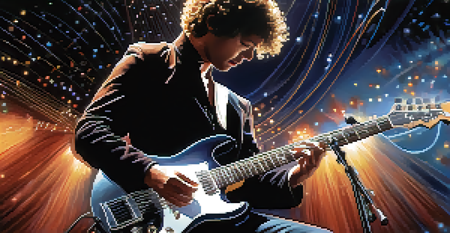 A guitarist performing on stage with swirling lights and visible sound waves, while the audience is silhouetted.