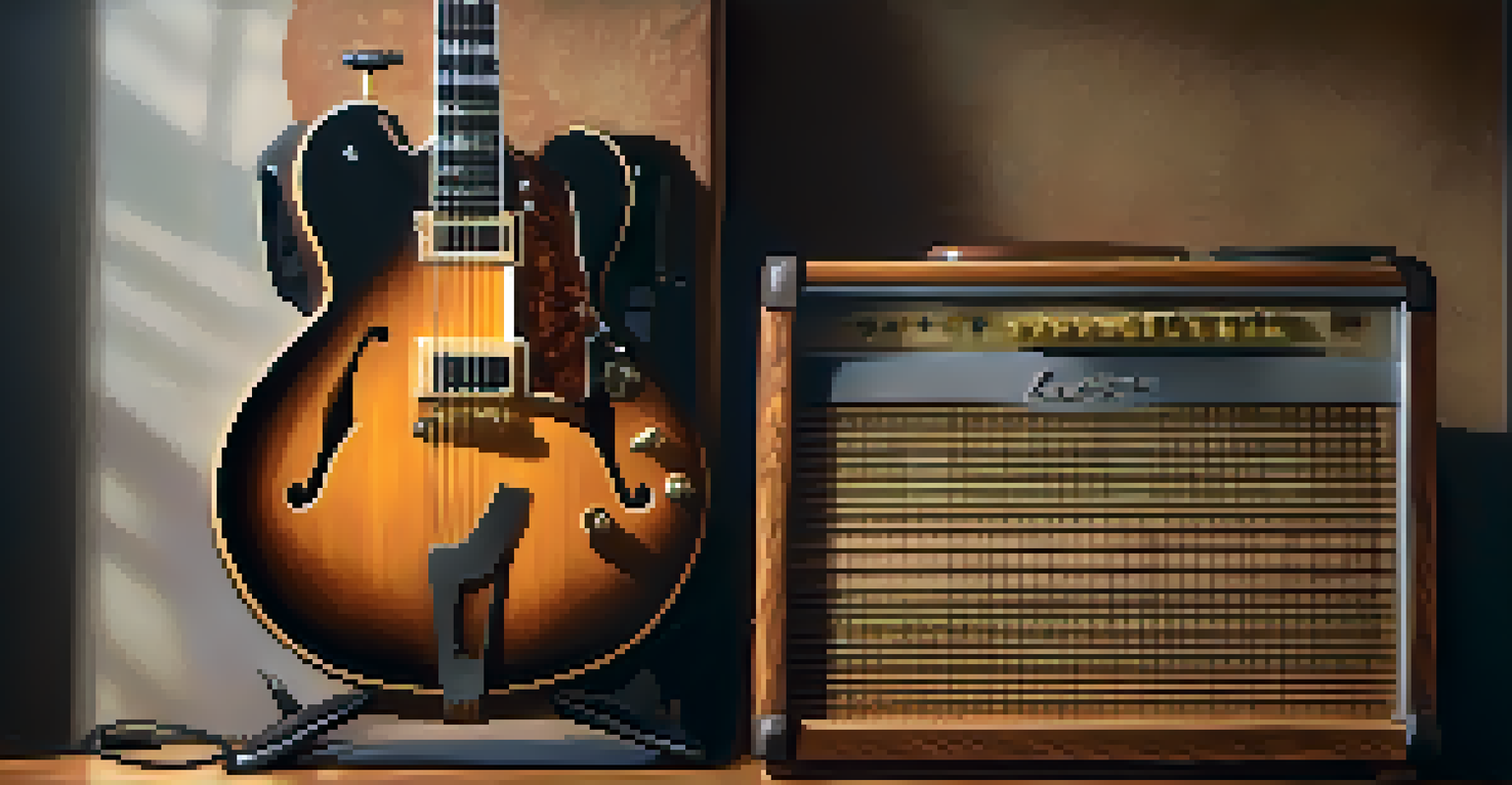 A jazz guitar resting against a vintage amplifier in a cozy room, with soft shadows highlighting the textures of the instruments.