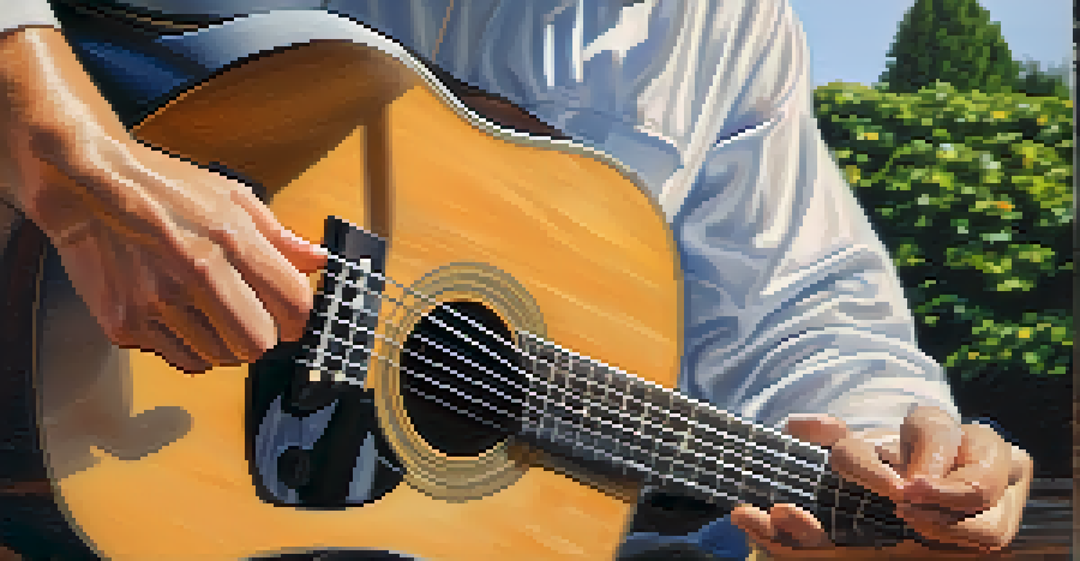 Close-up of hands playing an acoustic guitar outdoors, with fingers on the strings and a blurred garden background.