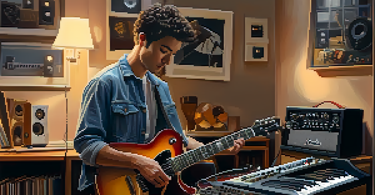 An artist playing an electric guitar in a home studio, adjusting a DI box with musical instruments and recording equipment in the background.
