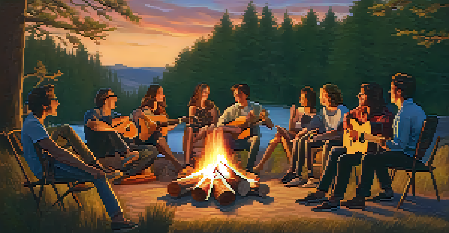 Friends gathered around a campfire at sunset, one playing an acoustic guitar, creating a joyful and warm atmosphere.