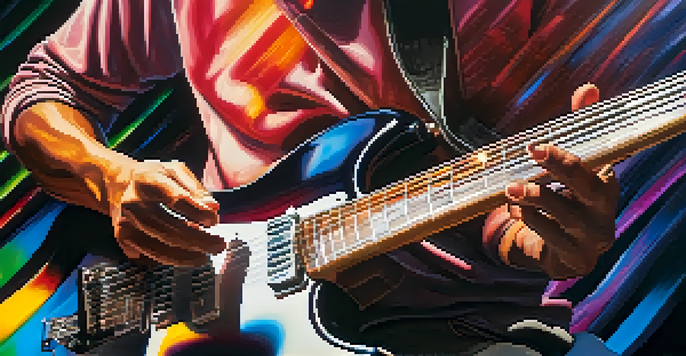 Close-up of a guitarist's hands playing an electric guitar, with colorful sound waves in the background.