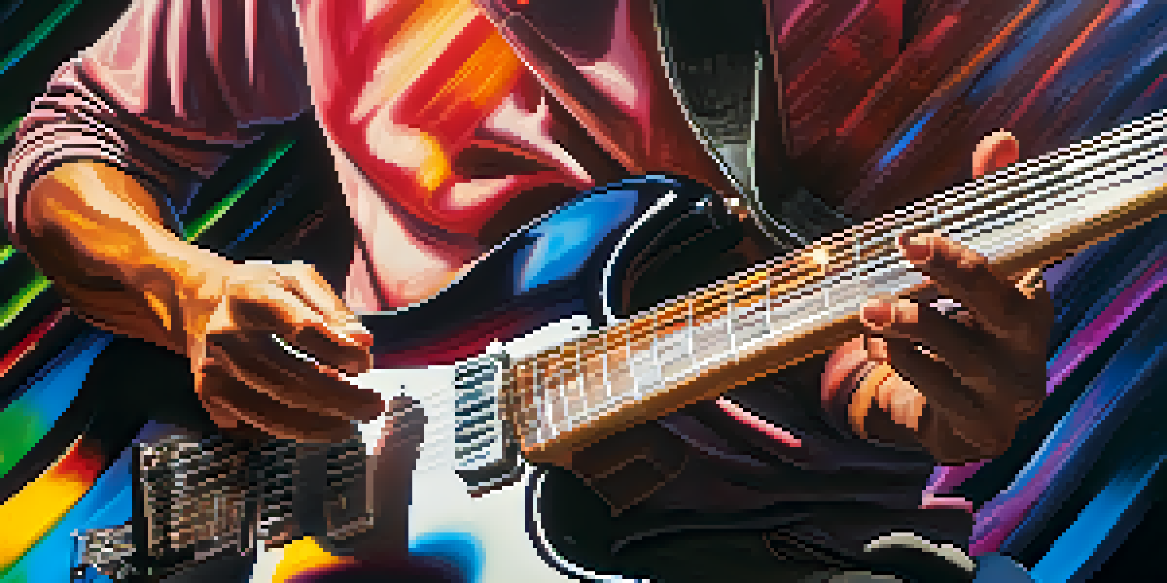 Close-up of a guitarist's hands playing an electric guitar, with colorful sound waves in the background.