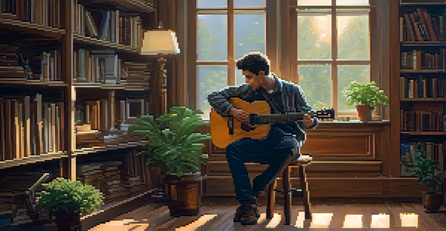 A musician fingerpicking a classical guitar in a cozy, softly lit room filled with books and plants.