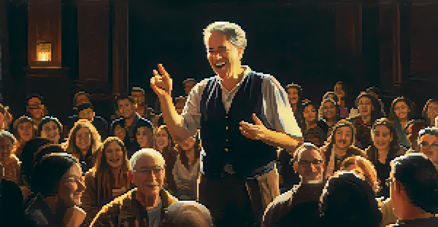 A storyteller on stage sharing a personal anecdote with expressive hand gestures and a warm smile.