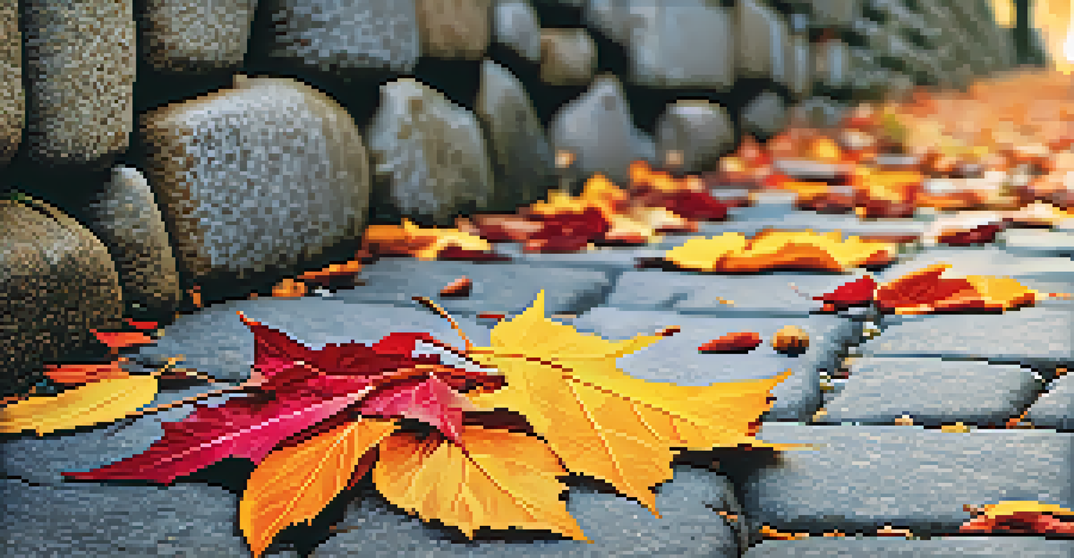 Colorful autumn leaves on a cobblestone path, showcasing vibrant fall colors.