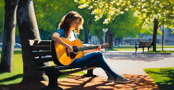 A young woman playing guitar on a park bench, with sunlight filtering through trees and flowers around her.