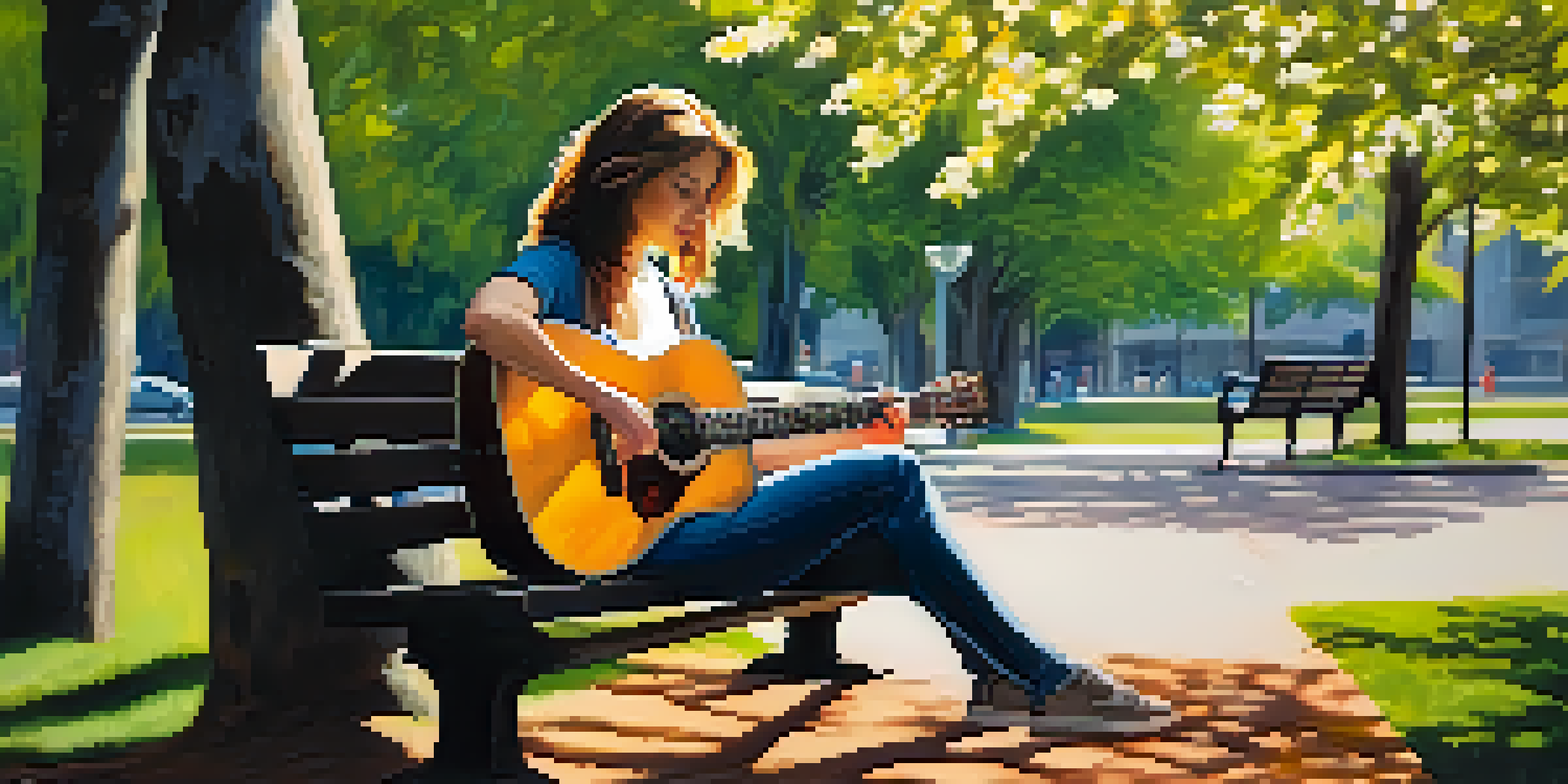 A young woman playing guitar on a park bench, with sunlight filtering through trees and flowers around her.
