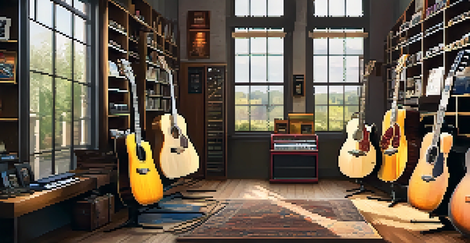 A music store with various acoustic and electric guitars displayed, and a beginner trying out a guitar on a plush rug.
