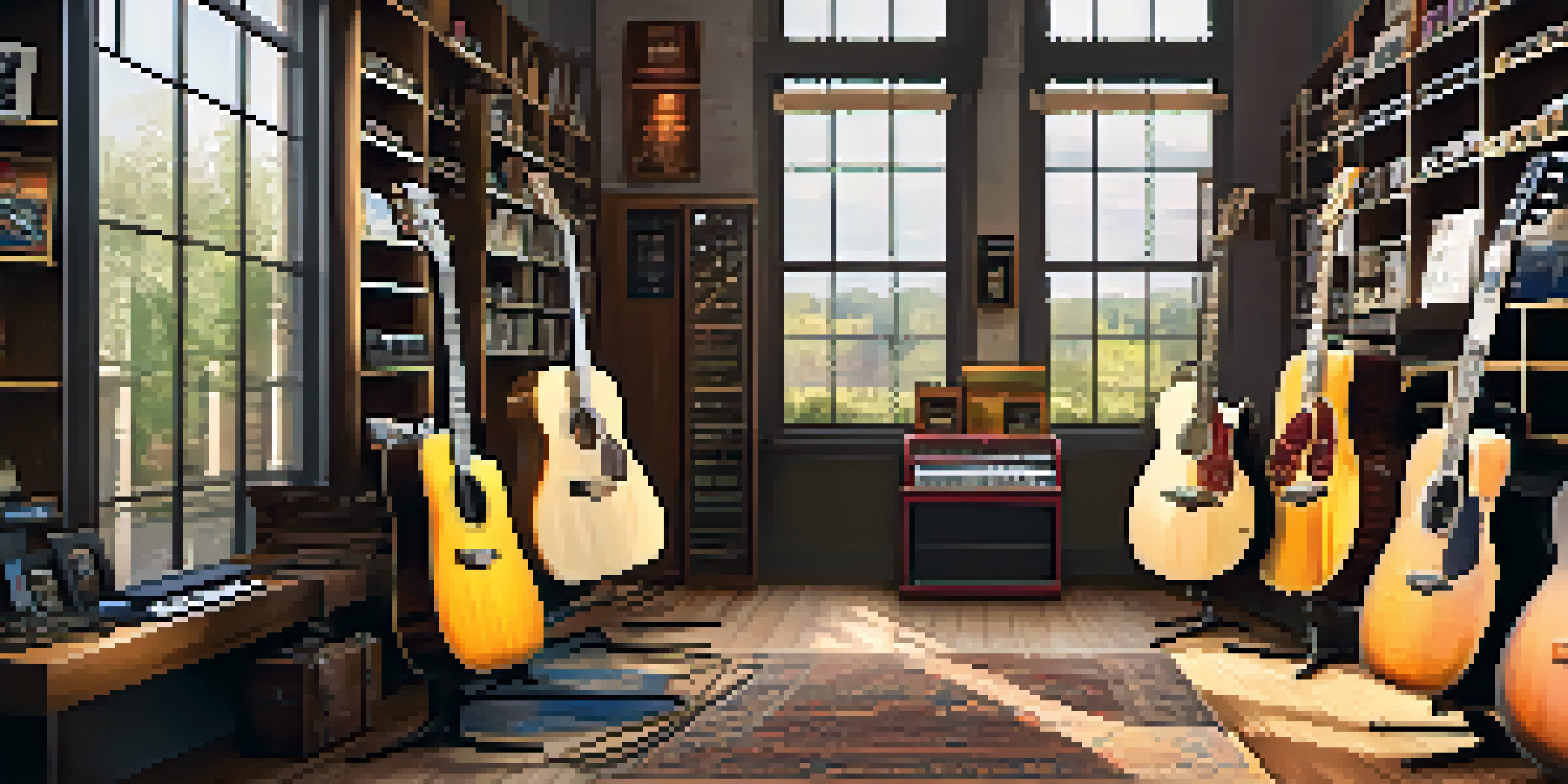 A music store with various acoustic and electric guitars displayed, and a beginner trying out a guitar on a plush rug.