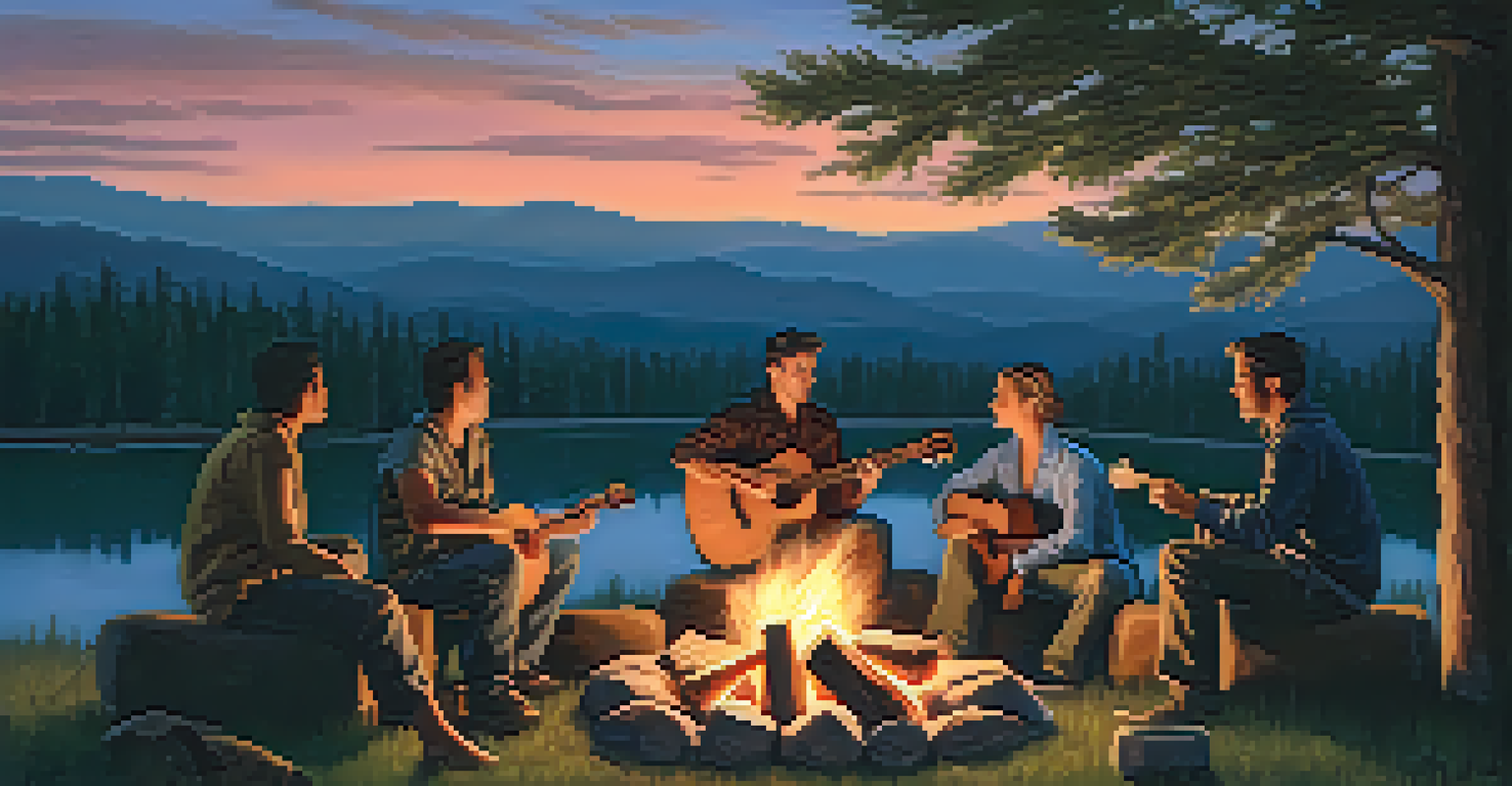 A cozy campfire gathering at dusk with friends enjoying music from an acoustic guitar while the fire casts a warm glow.