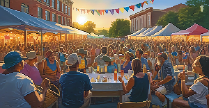 A lively outdoor guitar festival with musicians performing on stage and a colorful audience enjoying the music and food.