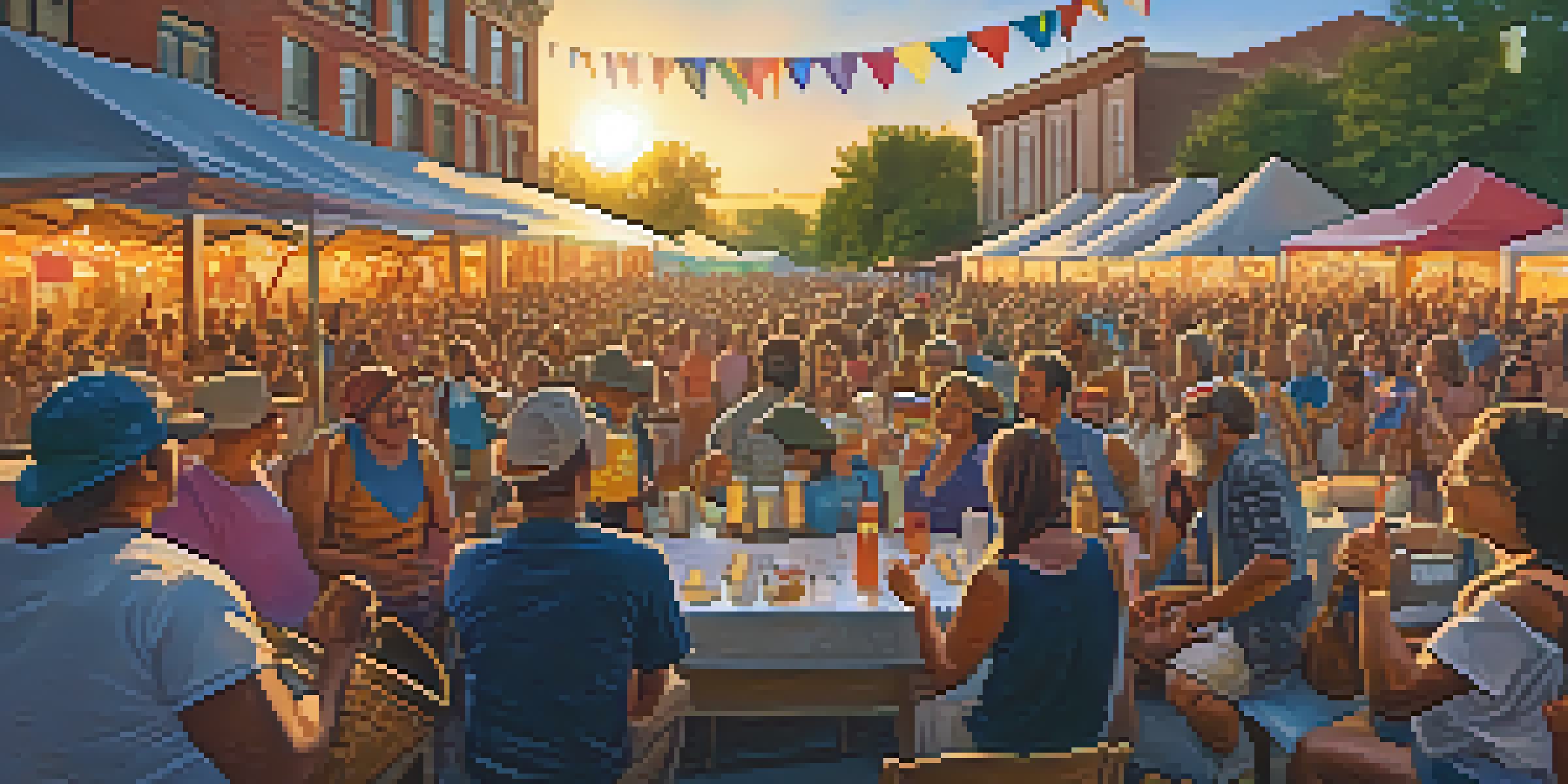 A lively outdoor guitar festival with musicians performing on stage and a colorful audience enjoying the music and food.