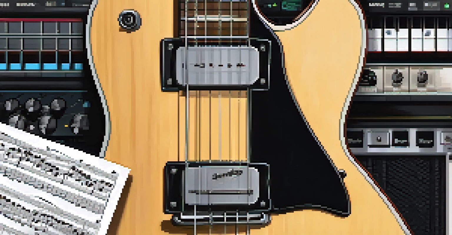 A close-up of a guitar fretboard with a capo, surrounded by music sheets and a laptop in a music studio.