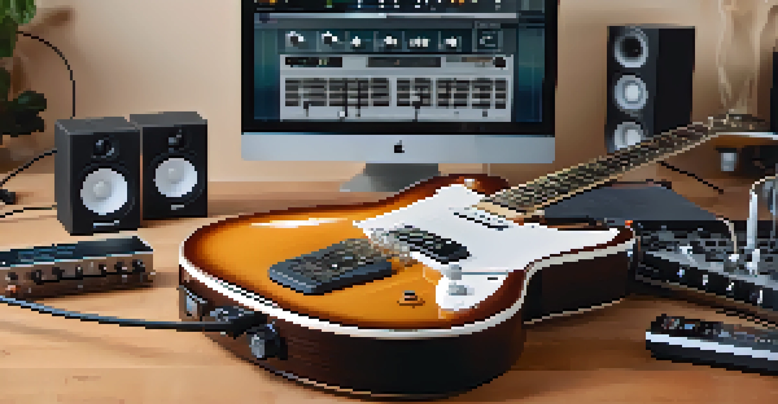 A hybrid guitar on a modern table with music technology gadgets in a home studio setting.