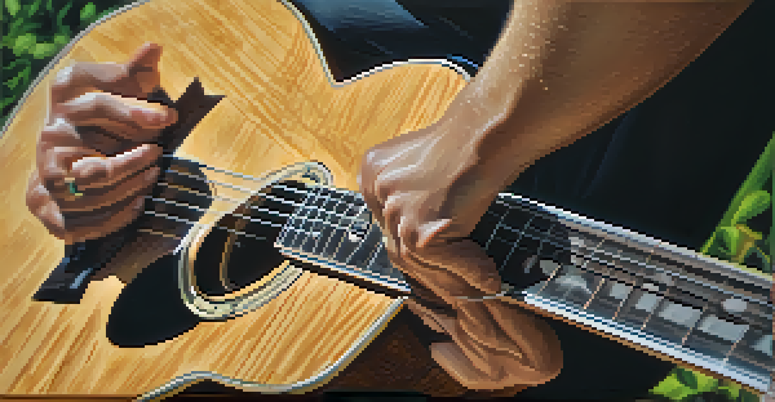 A close-up of a guitarist playing an acoustic guitar made from sustainable wood, with a blurred green background.