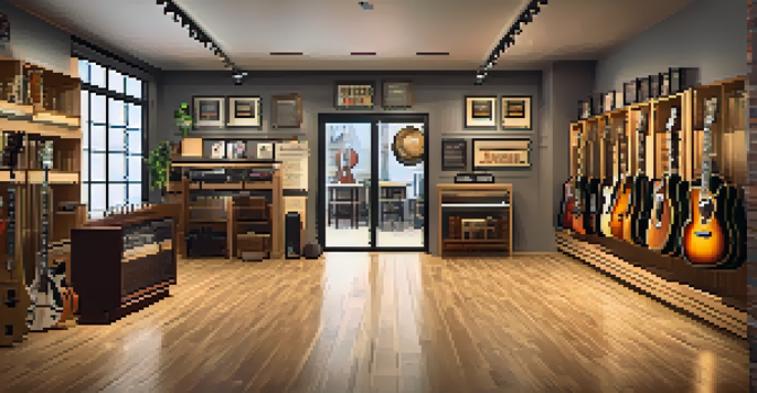 A cozy guitar store interior with various guitars on display, warm lighting, and a seating area for customers.
