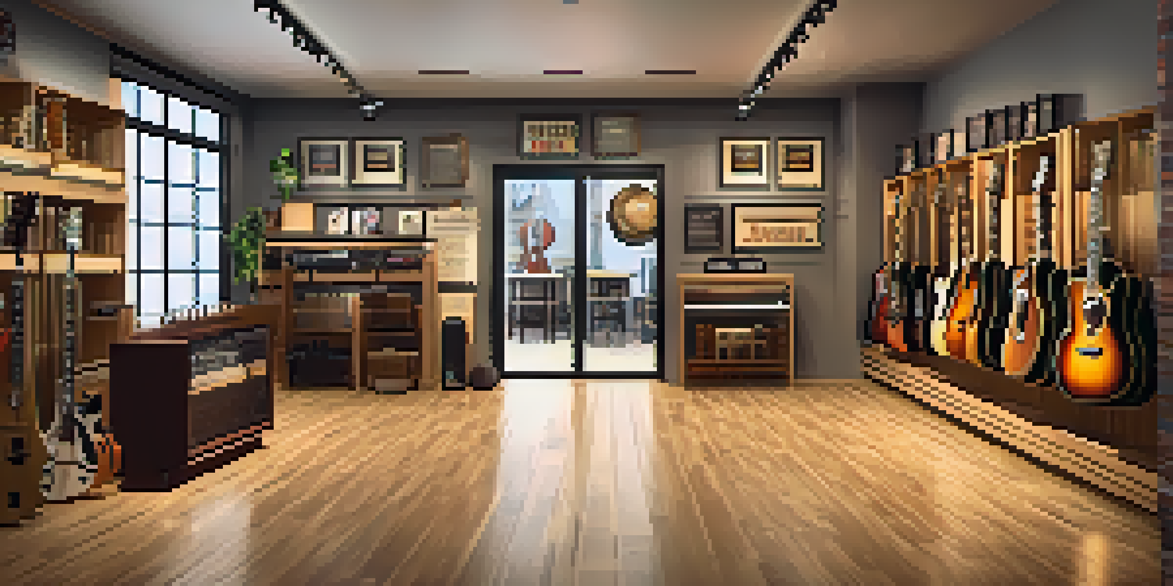 A cozy guitar store interior with various guitars on display, warm lighting, and a seating area for customers.