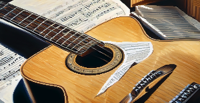 Close-up of a wooden guitar on a sheet of musical notation with sunlight casting shadows.
