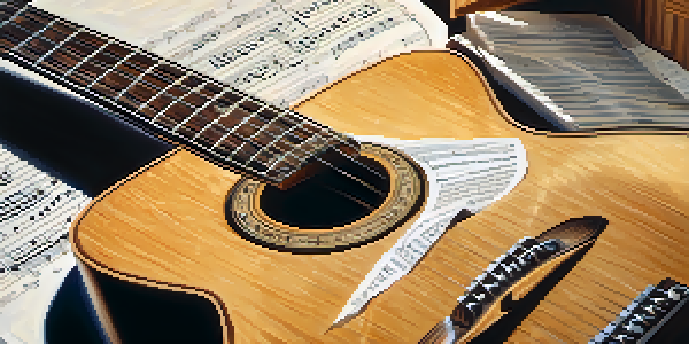 Close-up of a wooden guitar on a sheet of musical notation with sunlight casting shadows.