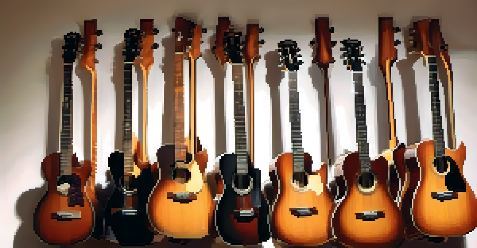 Different guitar neck profiles displayed on a wooden table, showcasing various shapes and materials, with guitars blurred in the background.