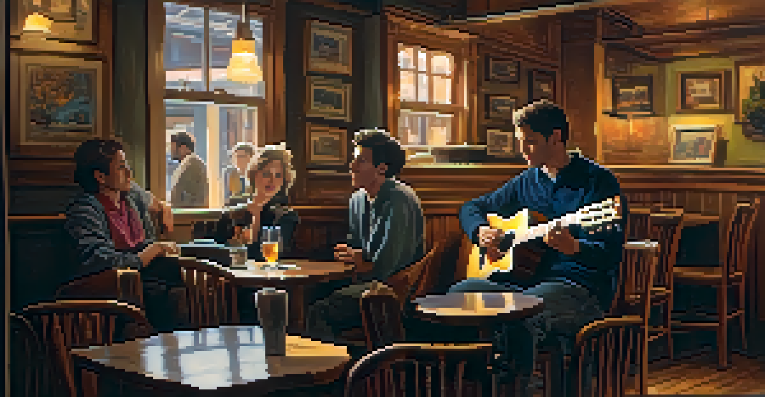 A cozy cafe scene with a local guitarist performing on stage and an audience captivated by the music.