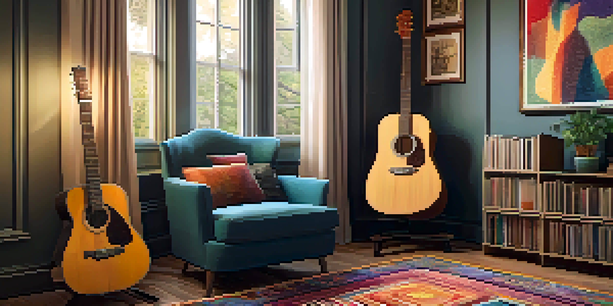 A warm and inviting home practice space with an acoustic guitar on a colorful rug, soft curtains, and bookshelves.