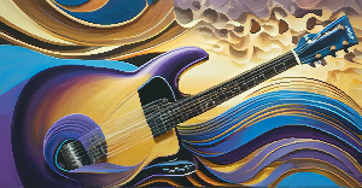 Abstract representation of colorful sound waves emanating from a guitar, showcasing vibrant patterns and dynamic shapes.