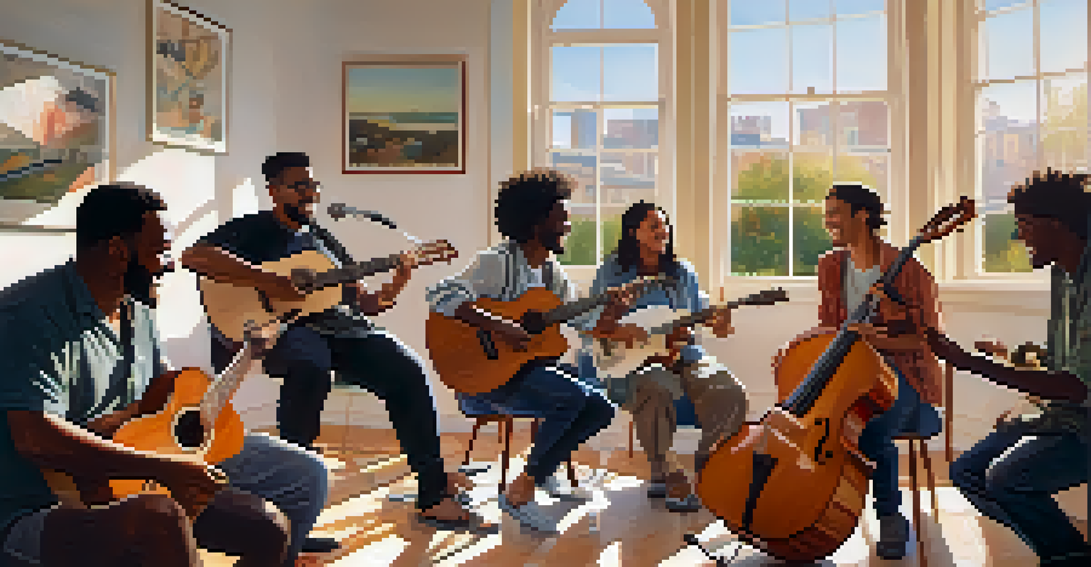 A diverse group of musicians collaborating in a bright room, playing various instruments and smiling together.