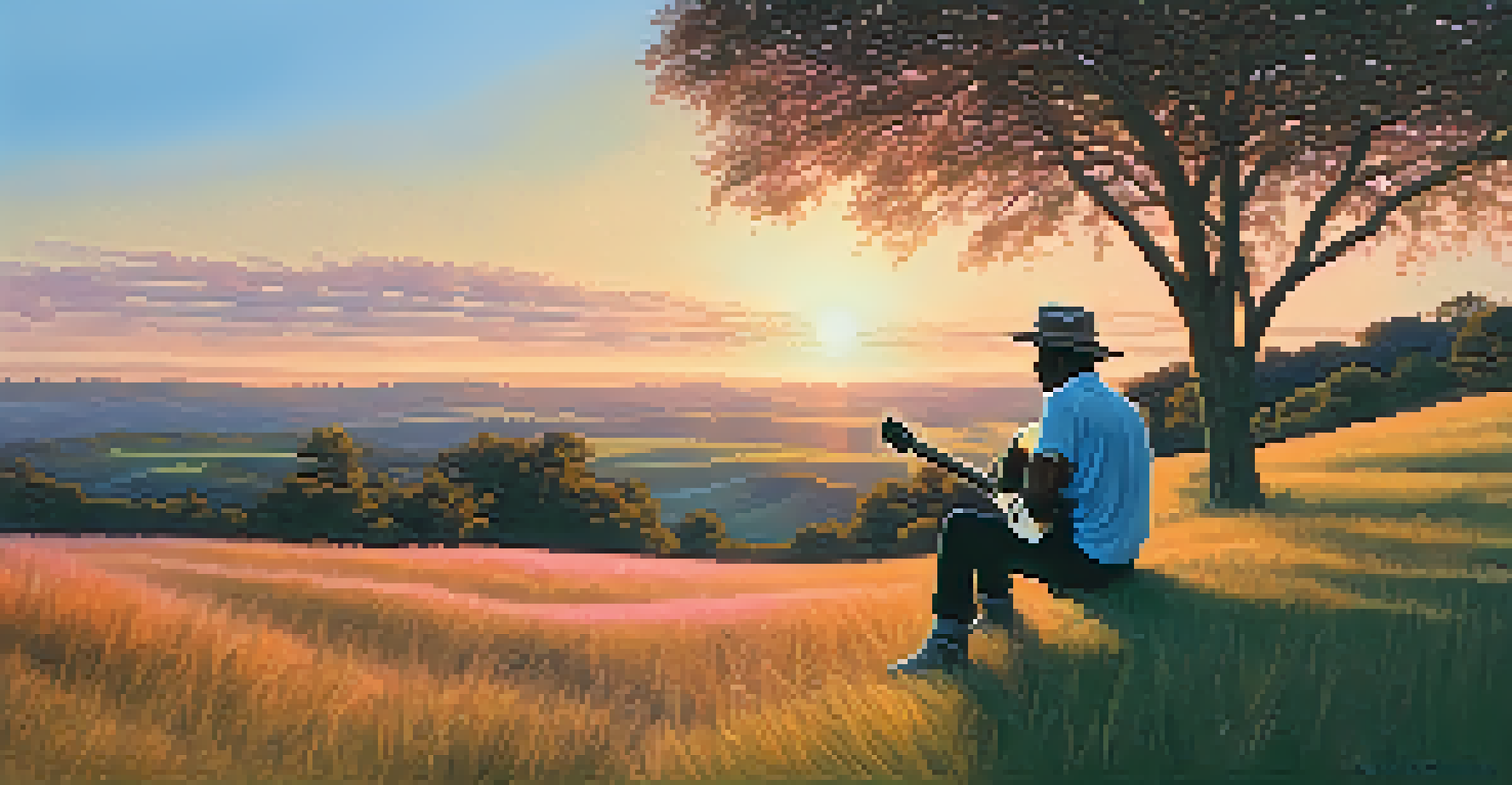 A guitarist sitting on a grassy hill, playing under a sunset sky, surrounded by peaceful nature.