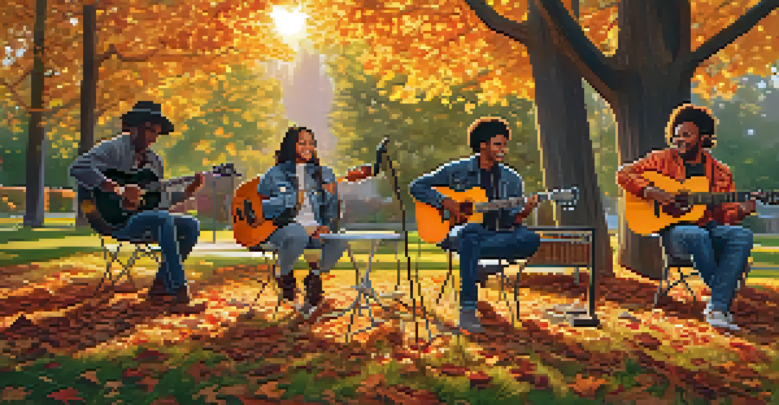 A diverse group of musicians playing guitars in a park during golden hour, surrounded by colorful autumn leaves.