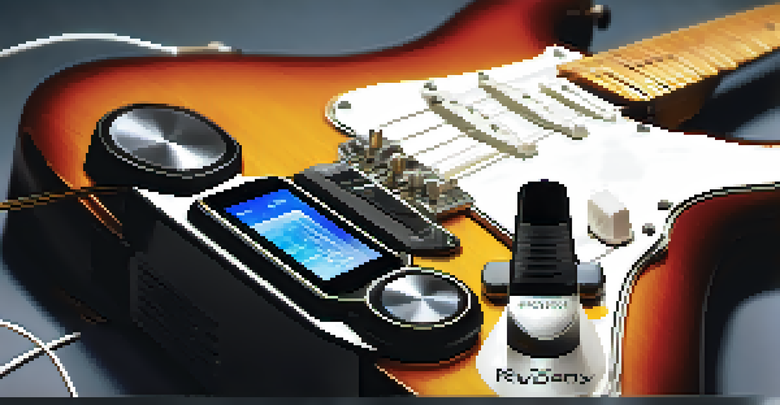 Close-up of a modern wireless guitar system, featuring a transmitter and receiver setup with a blurred stage background.