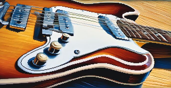 A detailed close-up of a vintage electric guitar with rich wood grain and shiny hardware, illuminated by soft natural light.